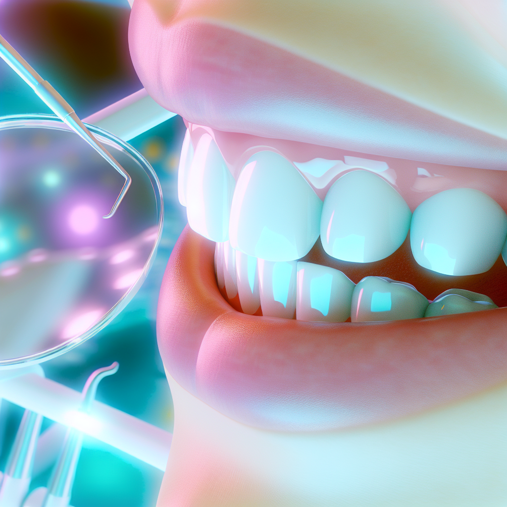 A radiant and realistic futuristic dental scene with a bright smile in soft pastel colors