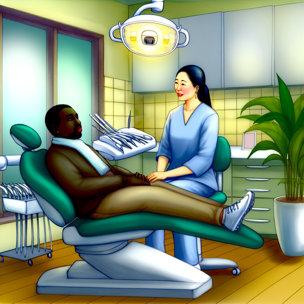 A friendly dental clinic setting with a caring dentist explaining a major dental procedure to a curious patient in a welcoming environment.