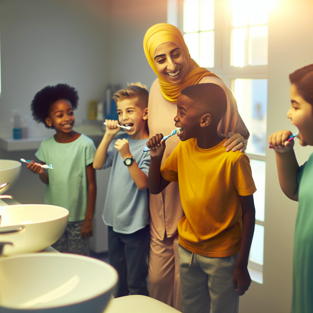 Realistic photograph of kids engaged in dental care in a modern dental clinic