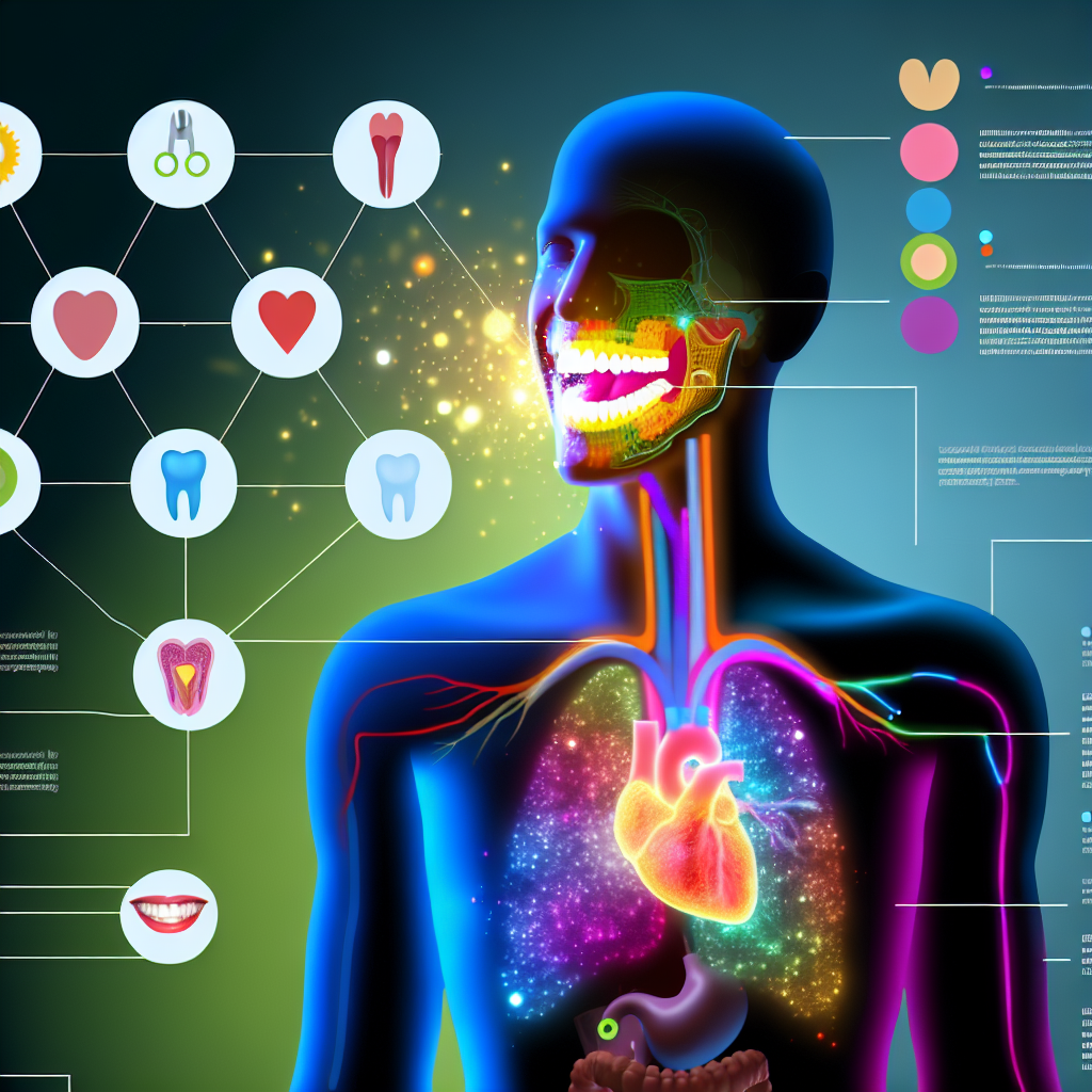 Illustration connecting oral health with systemic health, featuring a human silhouette with highlighted mouth, heart, and organs, along with dental icons and a radiant smile.