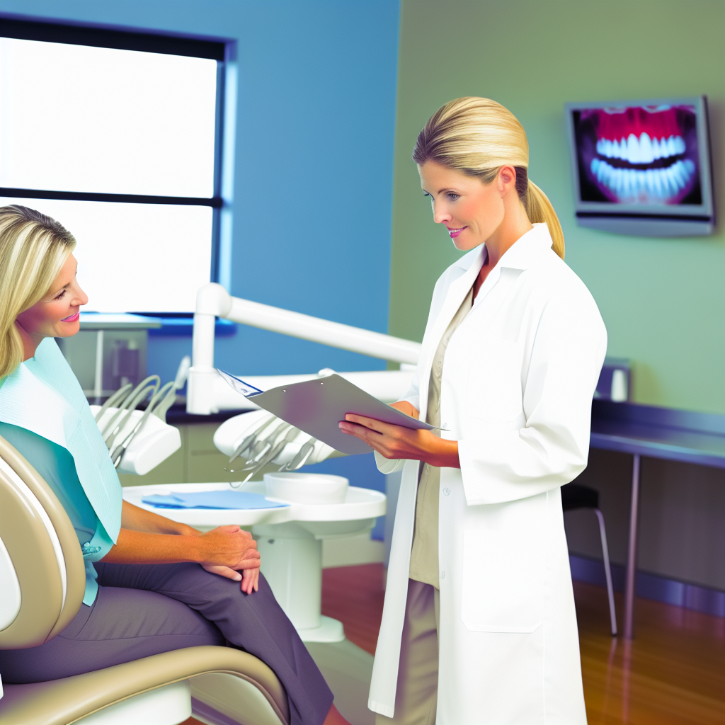 A calm and soothing dental clinic environment with soft pastel colors, a relaxed patient practicing deep breathing, and a friendly dentist offering a reassuring smile